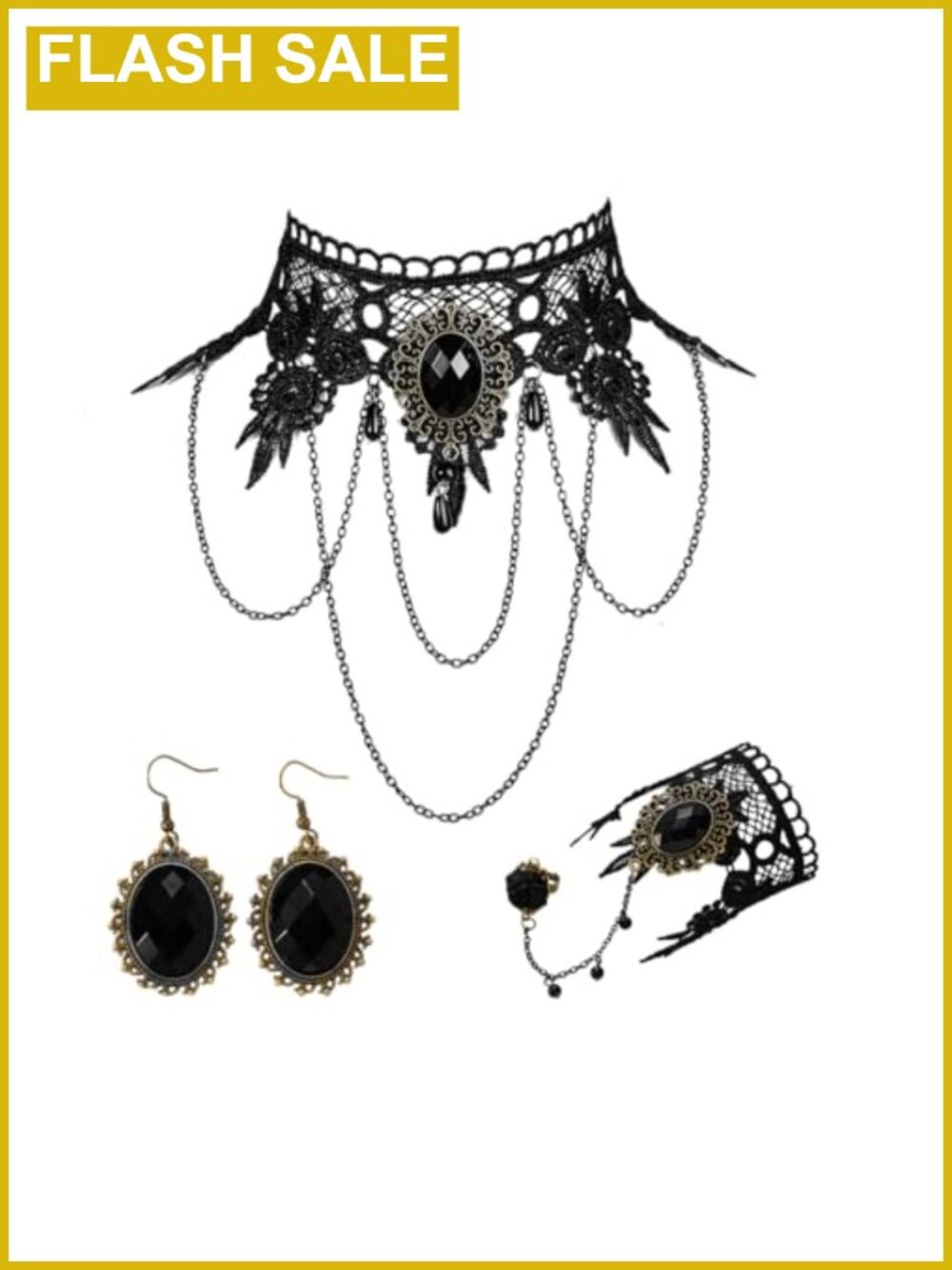 Gothic Lace Choker Earrings Bracelet Set Punk Victorian Steampunk Costume